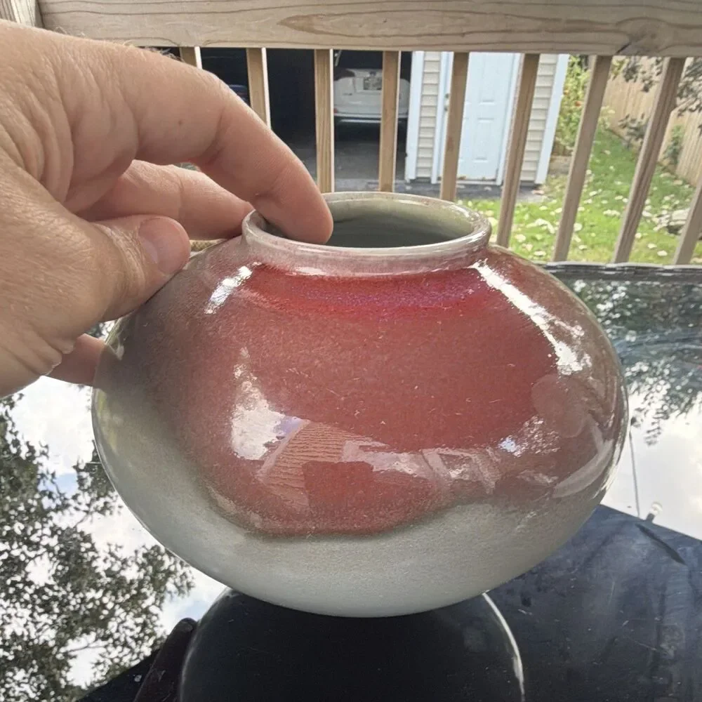 Catherine Hiersoux Signed Studio Art Pottery Vase Gray Red pedestal 8 in